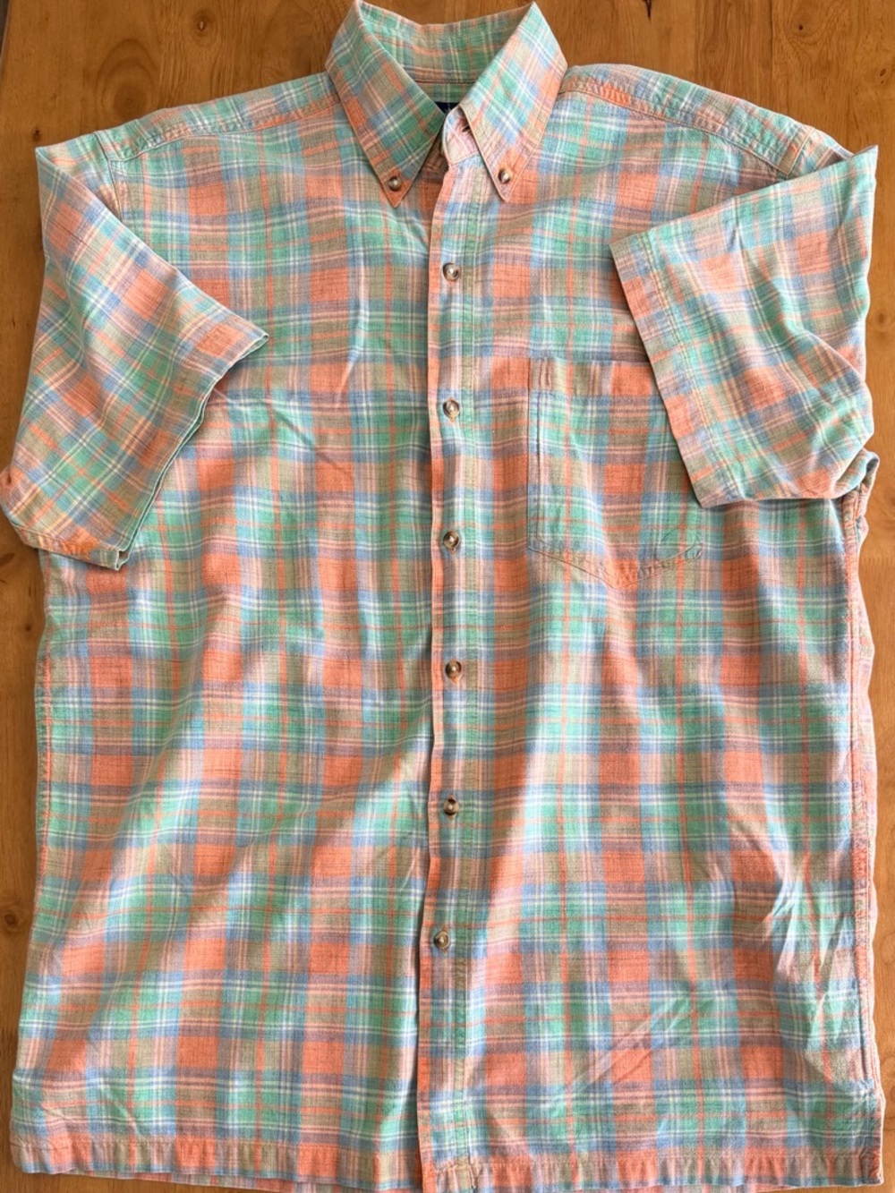 World Island Mens Plaid Short Sleeve Button Down Shirt Orange Green Cotton M